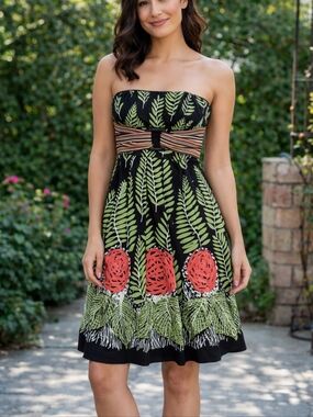 Kay Unger New York Strapless Dress Sz 4 Pleated Black Floral Tropical Print